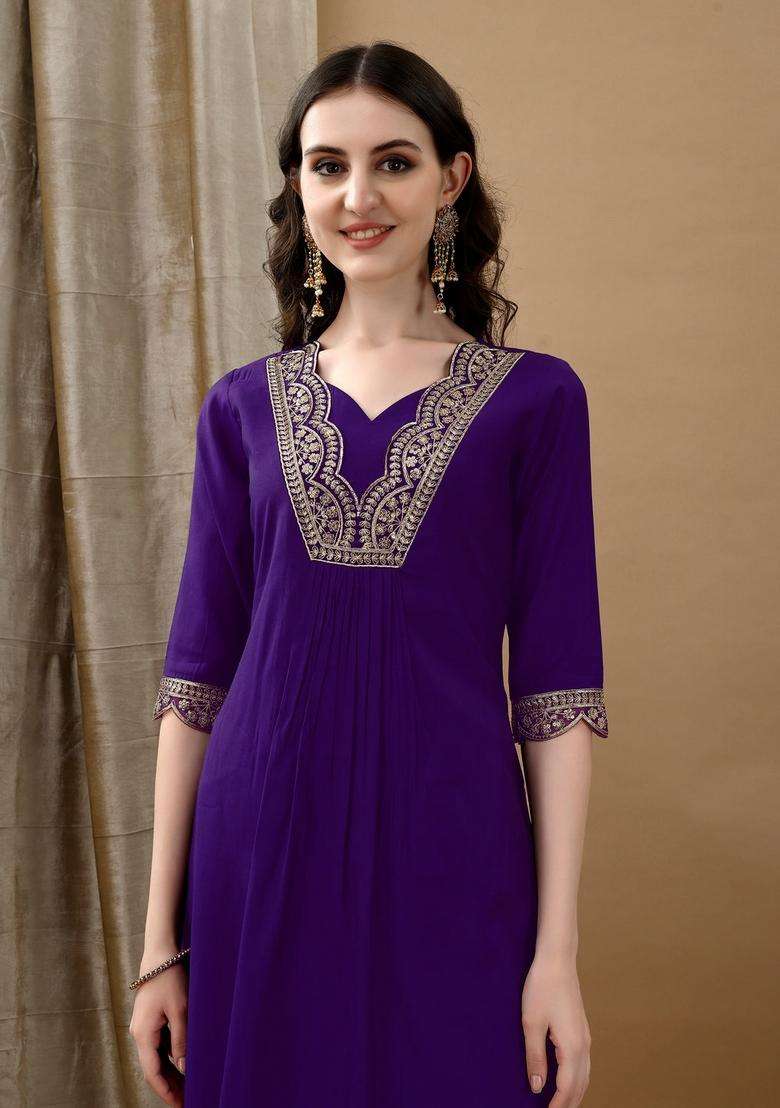 Purple Embroidered Chanderi A Line Kurta Set - Indya