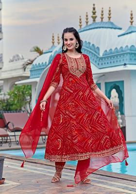 Red Embroidery Rayon Kurta Set