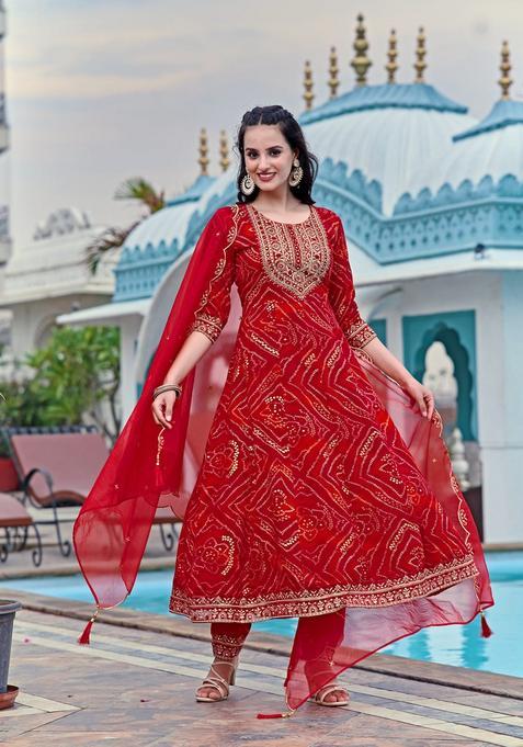 Red Embroidery Rayon Kurta Set