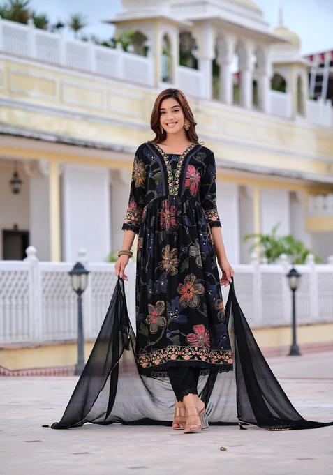 Black Embroidery Rayon Kurta Set