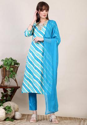 Blue Embroidery Chanderi Kurta Set