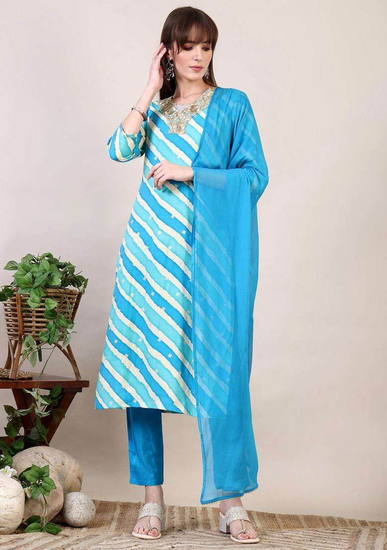 Blue Striped Chanderi Straight Kurta Set - Indya