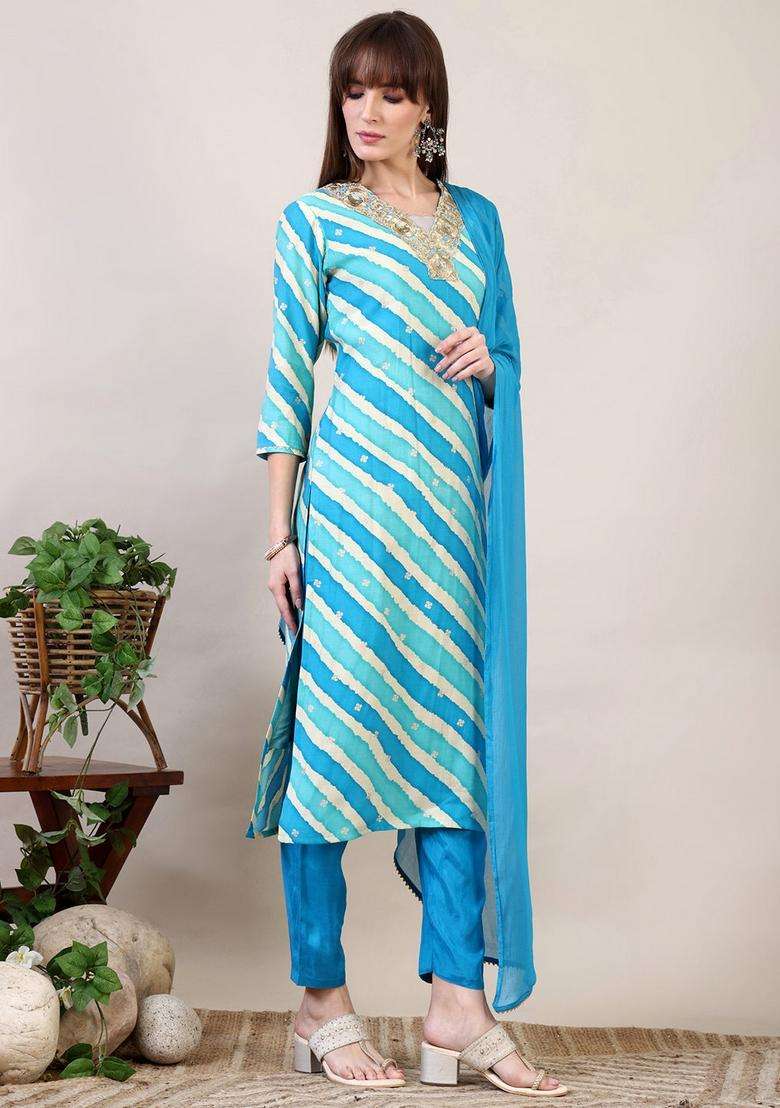 Blue Striped Chanderi Straight Kurta Set - Indya