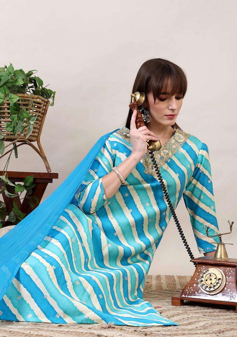 Blue Striped Chanderi Straight Kurta Set - Indya