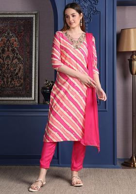 Pink Striped Chanderi Straight Kurta Set
