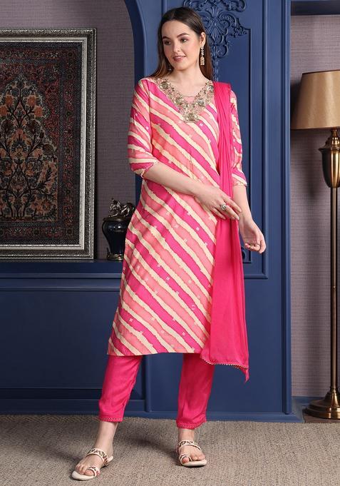 Pink Embroidery Chanderi Kurta Set