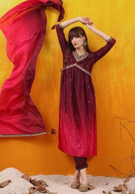 Wine Embroidery Silk Kurta Set