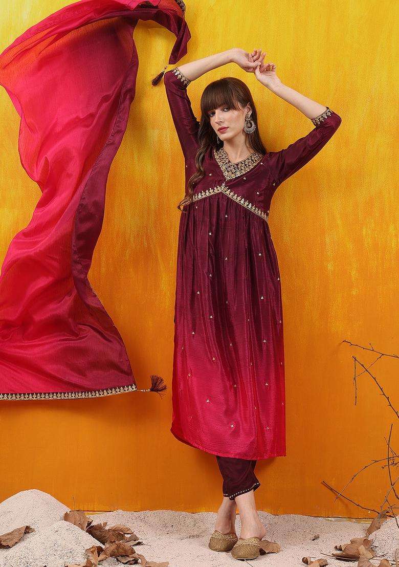 Wine Sequin Work Silk A Line Kurta Set - Indya