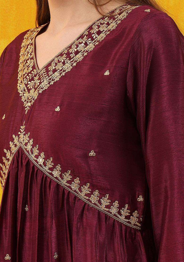 Wine Sequin Work Silk A Line Kurta Set - Indya