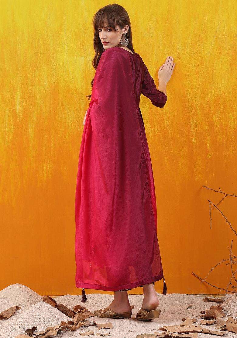 Wine Sequin Work Silk A Line Kurta Set - Indya