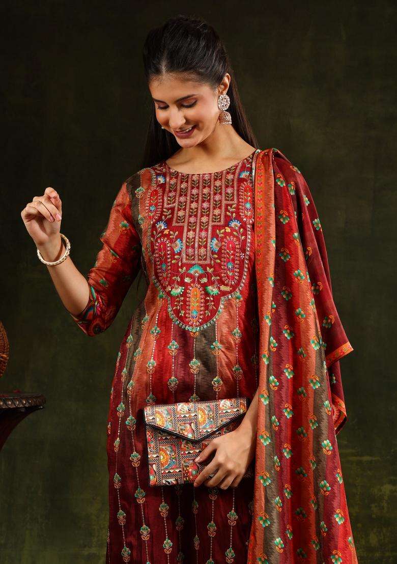 Rust Printed Silk Straight Kurta Set - Indya
