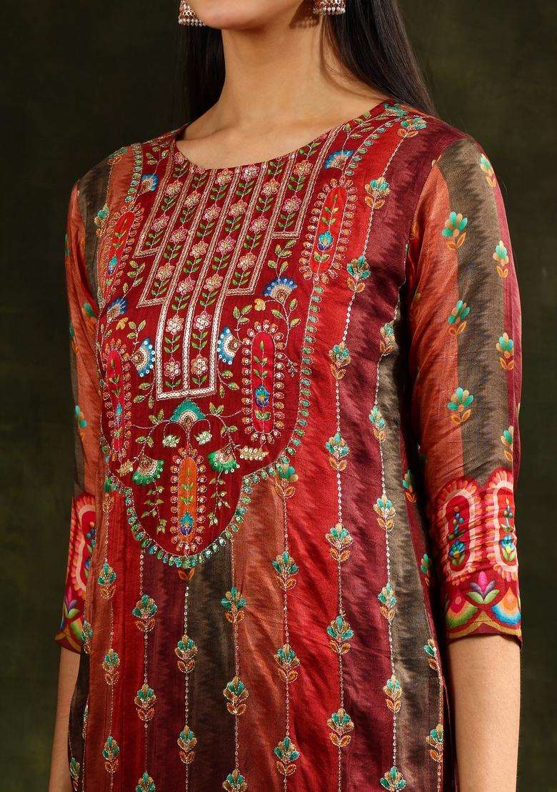 Rust Printed Silk Straight Kurta Set - Indya