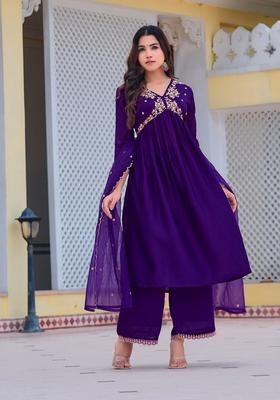 Purple Embroidery Silk Kurta Set