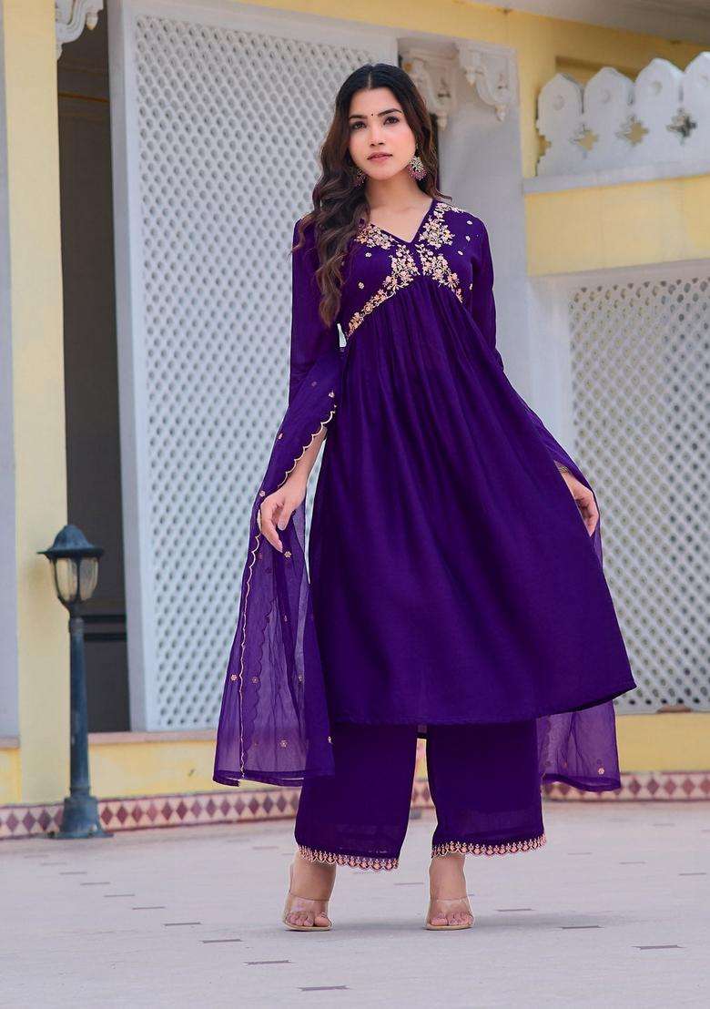 Purple Embroidered Silk A Line Kurta Set - Indya