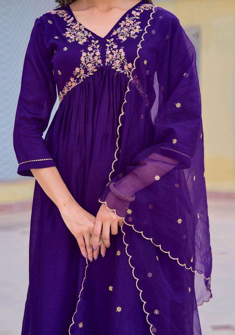 Purple Embroidered Silk A Line Kurta Set - Indya