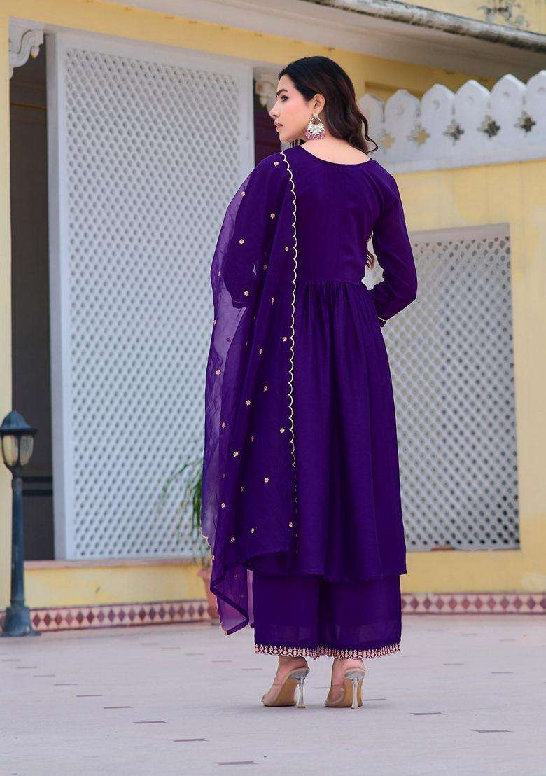 Purple Embroidered Silk A Line Kurta Set - Indya