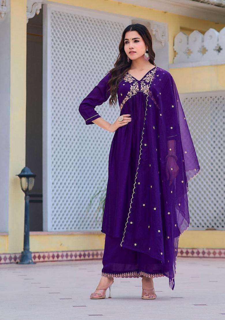 Purple Embroidered Silk A Line Kurta Set - Indya
