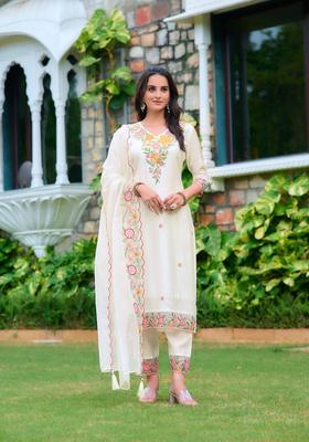 White Embroidery Rayon Kurta Set