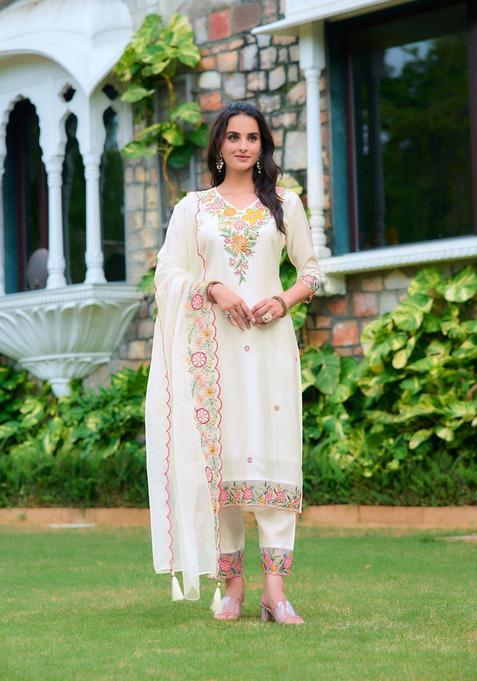 White Embroidery Rayon Kurta Set