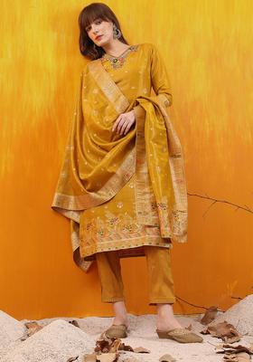 Yellow Embroidery Banarasi Jacquard Kurta Set