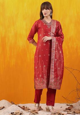 Red Embroidery Banarasi Jacquard Kurta Set