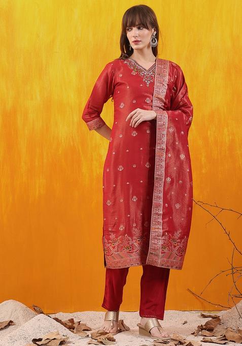 Red Embroidery Banarasi Jacquard Kurta Set