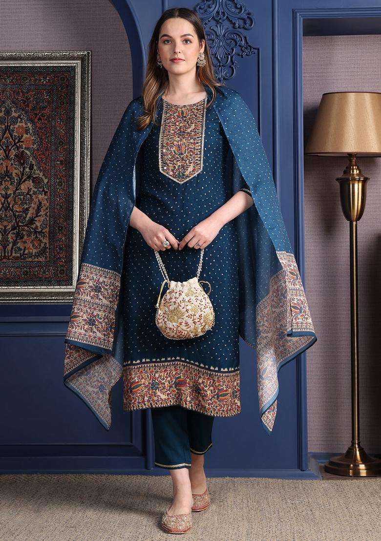 Teal Printed Rayon Straight Kurta Set - Indya