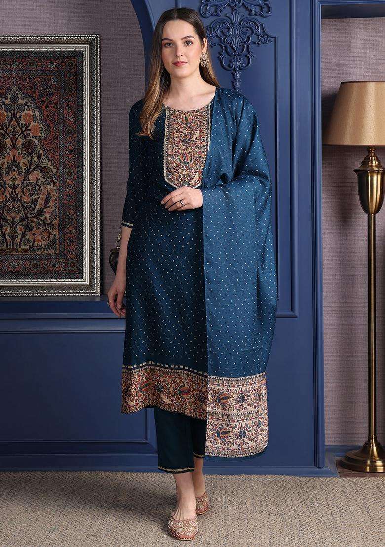 Teal Printed Rayon Straight Kurta Set - Indya