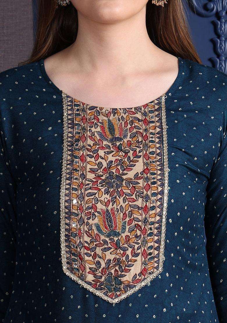 Teal Printed Rayon Straight Kurta Set - Indya