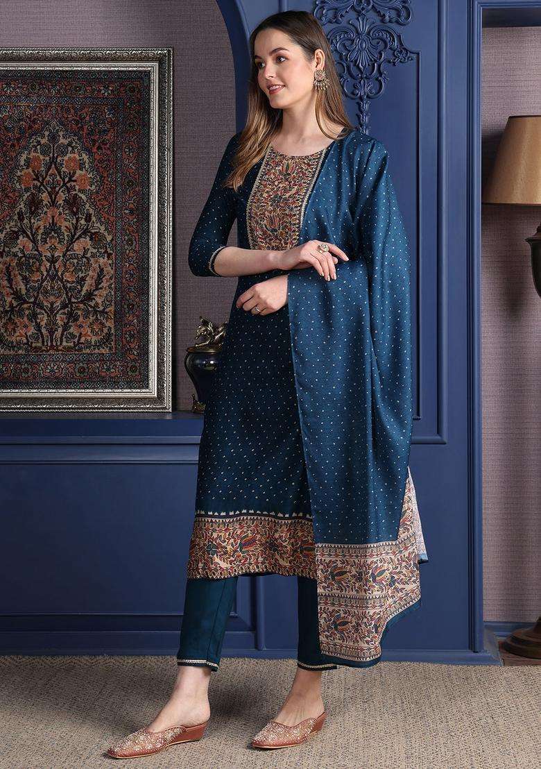 Teal Printed Rayon Straight Kurta Set - Indya