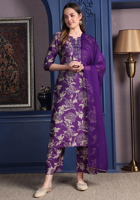 Purple Embroidery Rayon Kurta Set