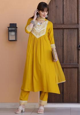 Mustard Embroidery Rayon Kurta Set