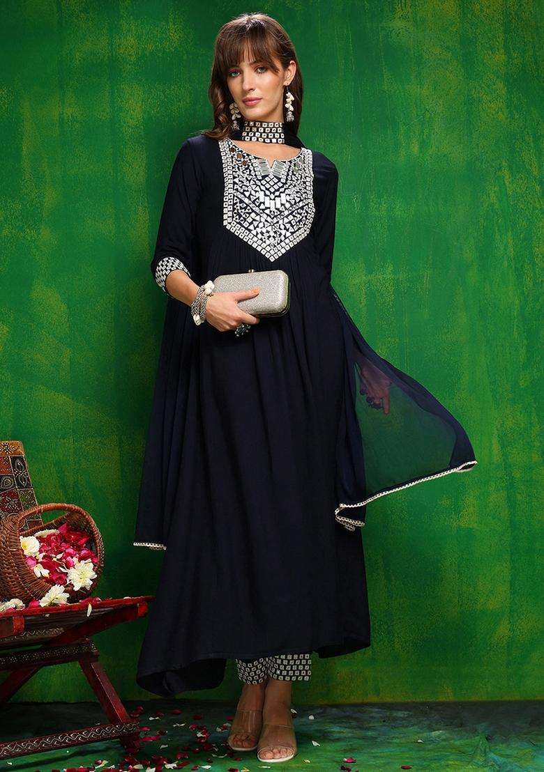Navy Blue Mirror Work Rayon A Line Kurta Set - Indya