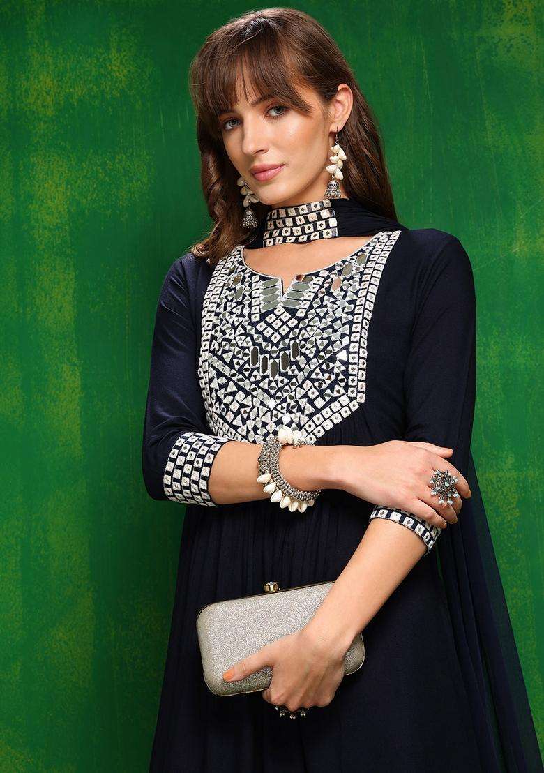 Navy Blue Mirror Work Rayon A Line Kurta Set - Indya