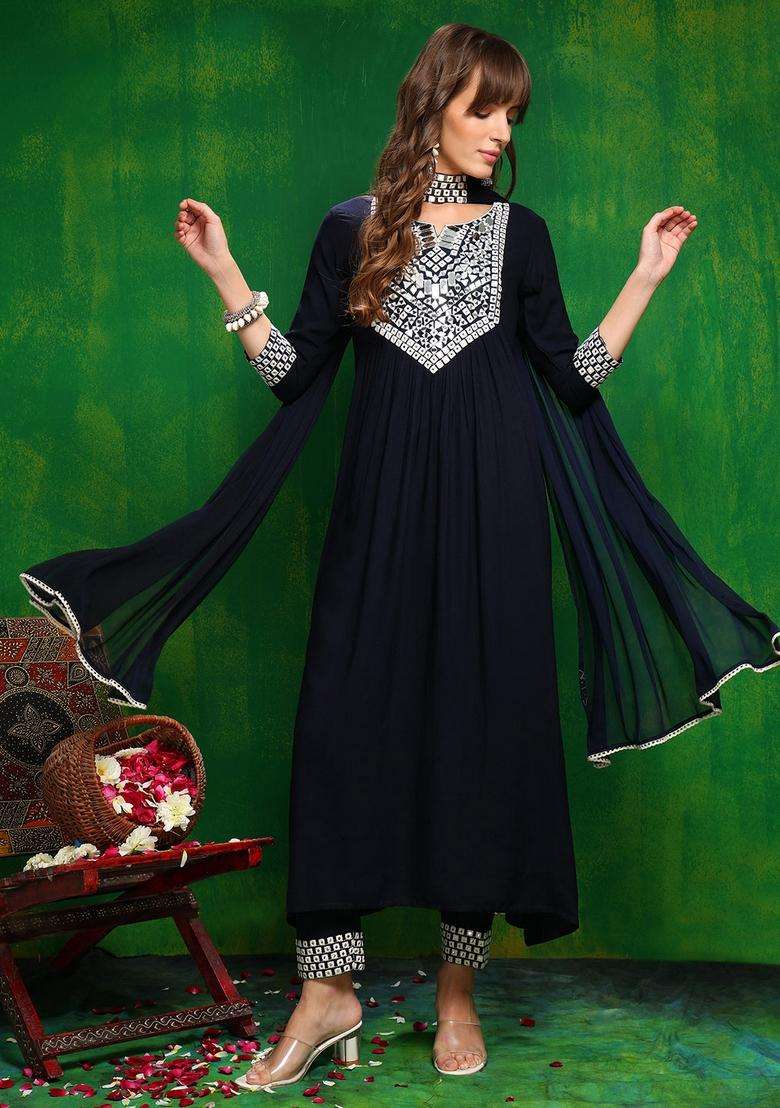 Navy Blue Mirror Work Rayon A Line Kurta Set - Indya