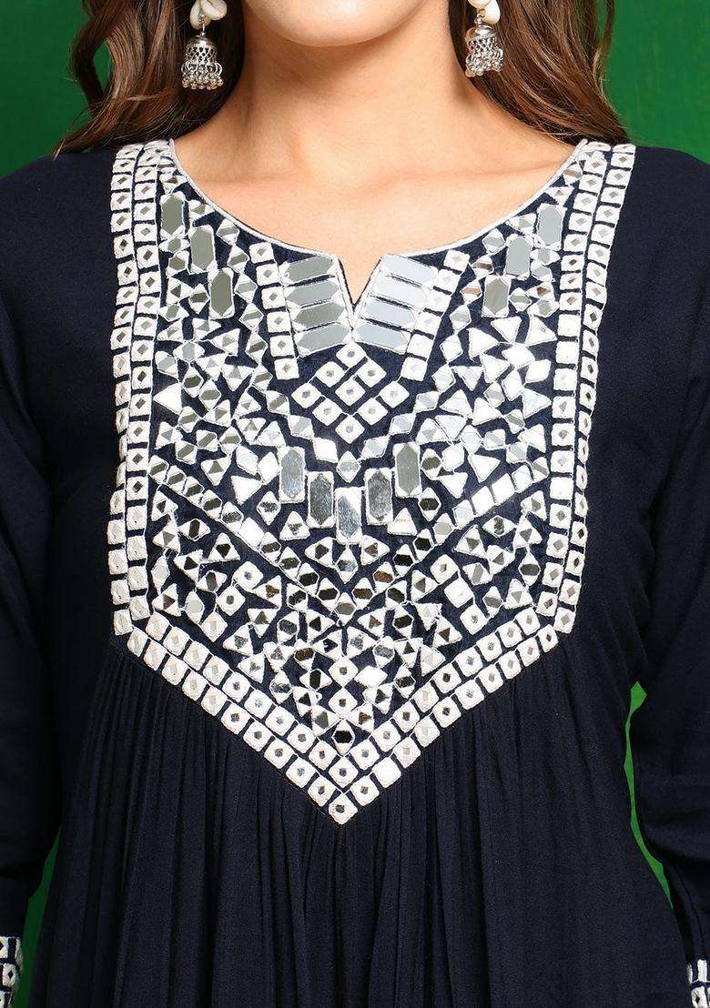 Navy Blue Mirror Work Rayon A Line Kurta Set - Indya
