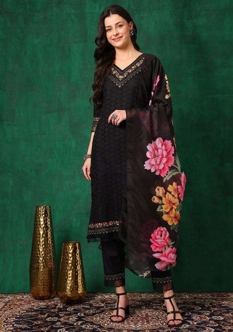 Black Embroidered Cotton Straight Kurta Set - Indya