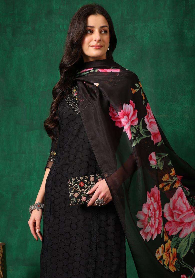 Black Embroidered Cotton Straight Kurta Set - Indya