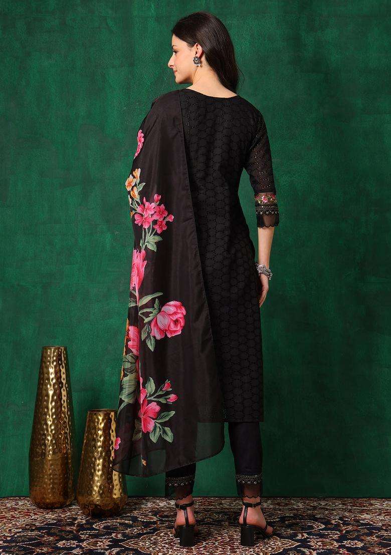 Black Embroidered Cotton Straight Kurta Set - Indya