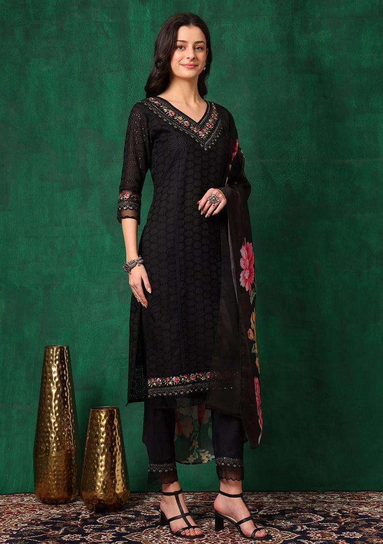 Black Embroidered Cotton Straight Kurta Set - Indya