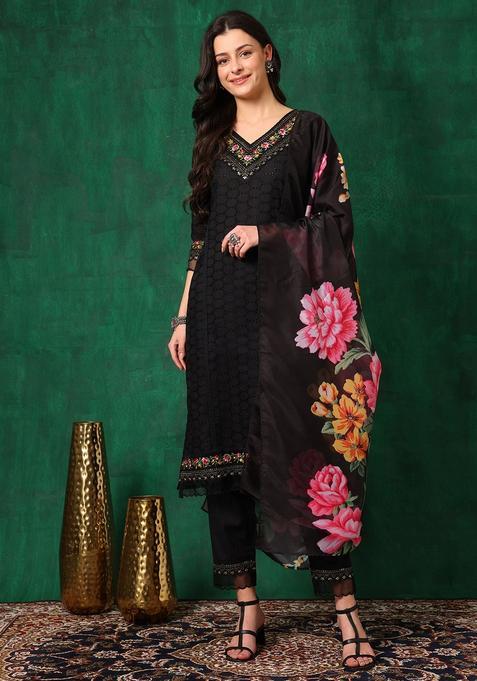Black Embroidery Cotton Kurta Set