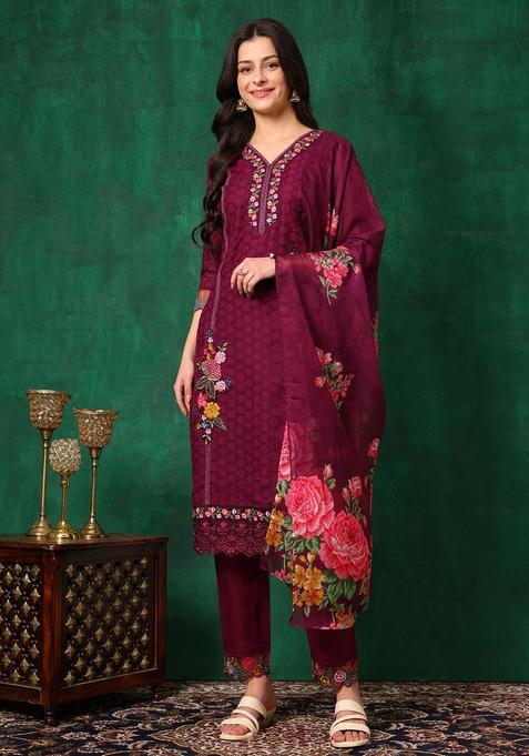 Wine Embroidery Cotton Kurta Set