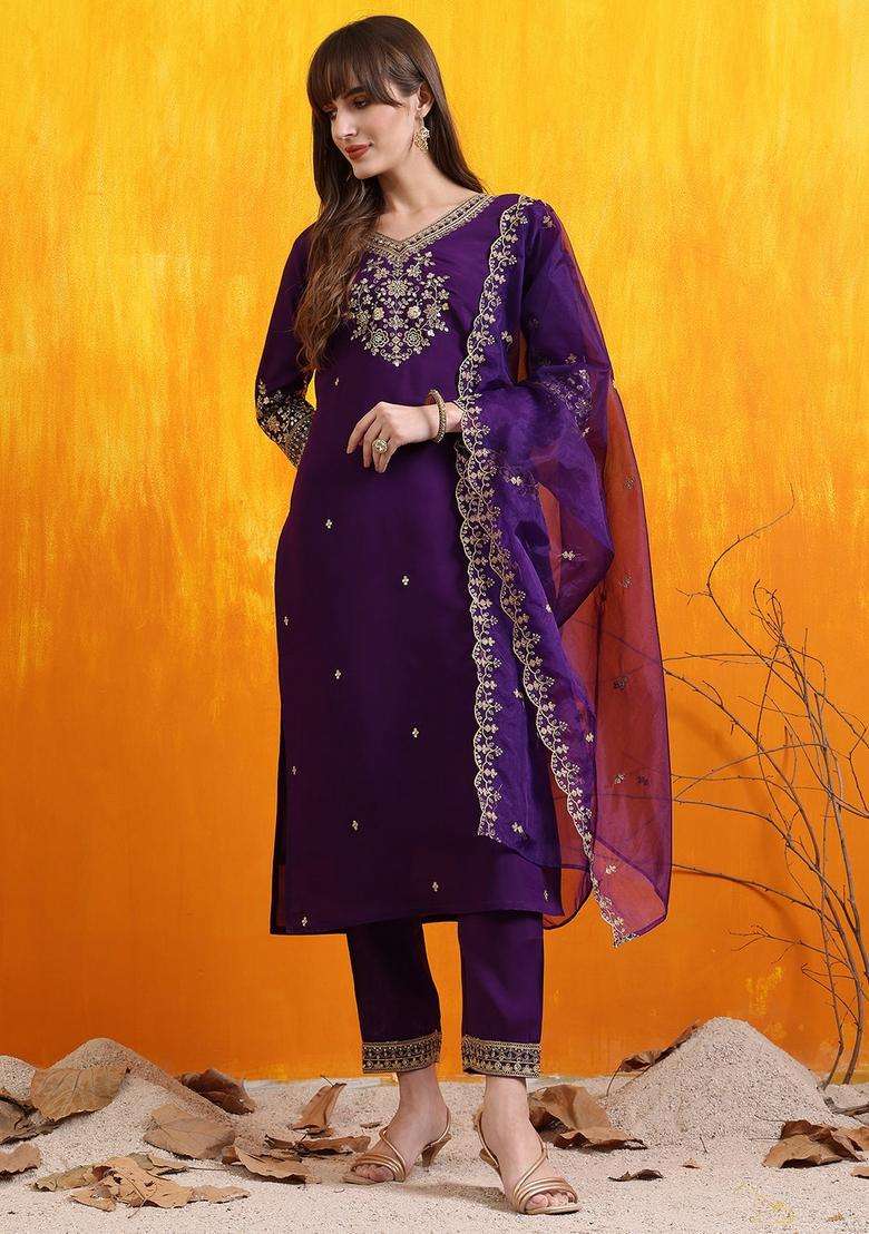 Purple Embroidered Chanderi Straight Kurta Set - Indya
