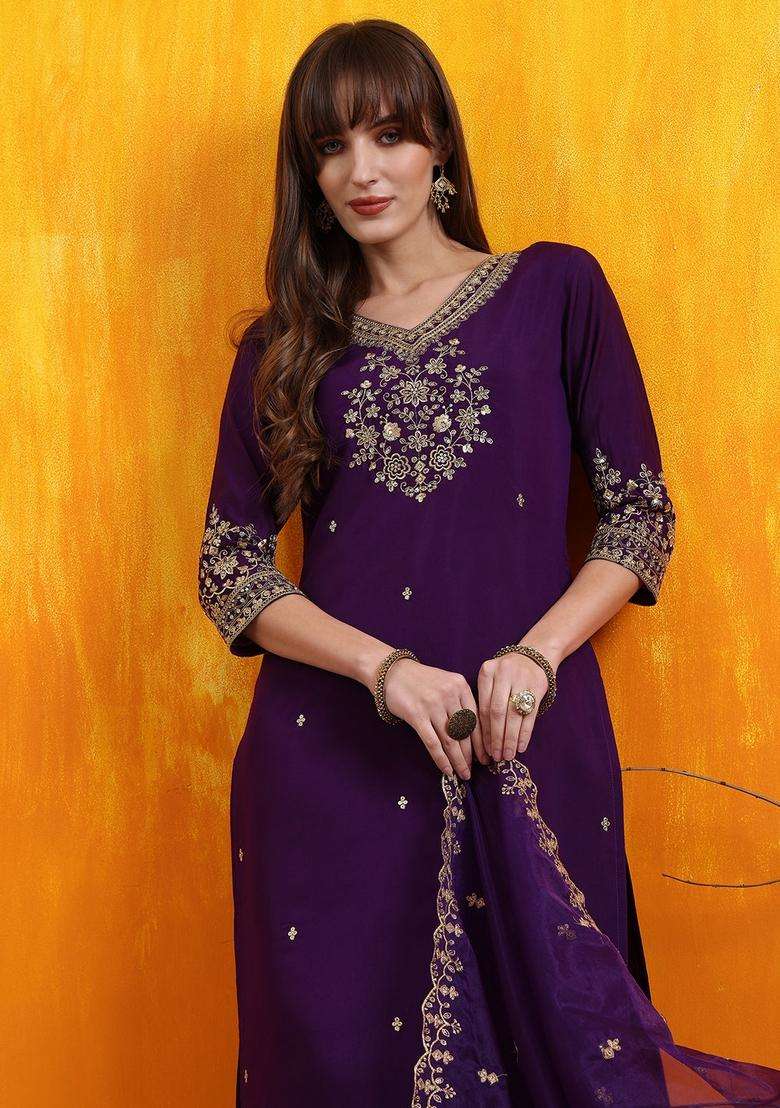Purple Embroidered Chanderi Straight Kurta Set - Indya