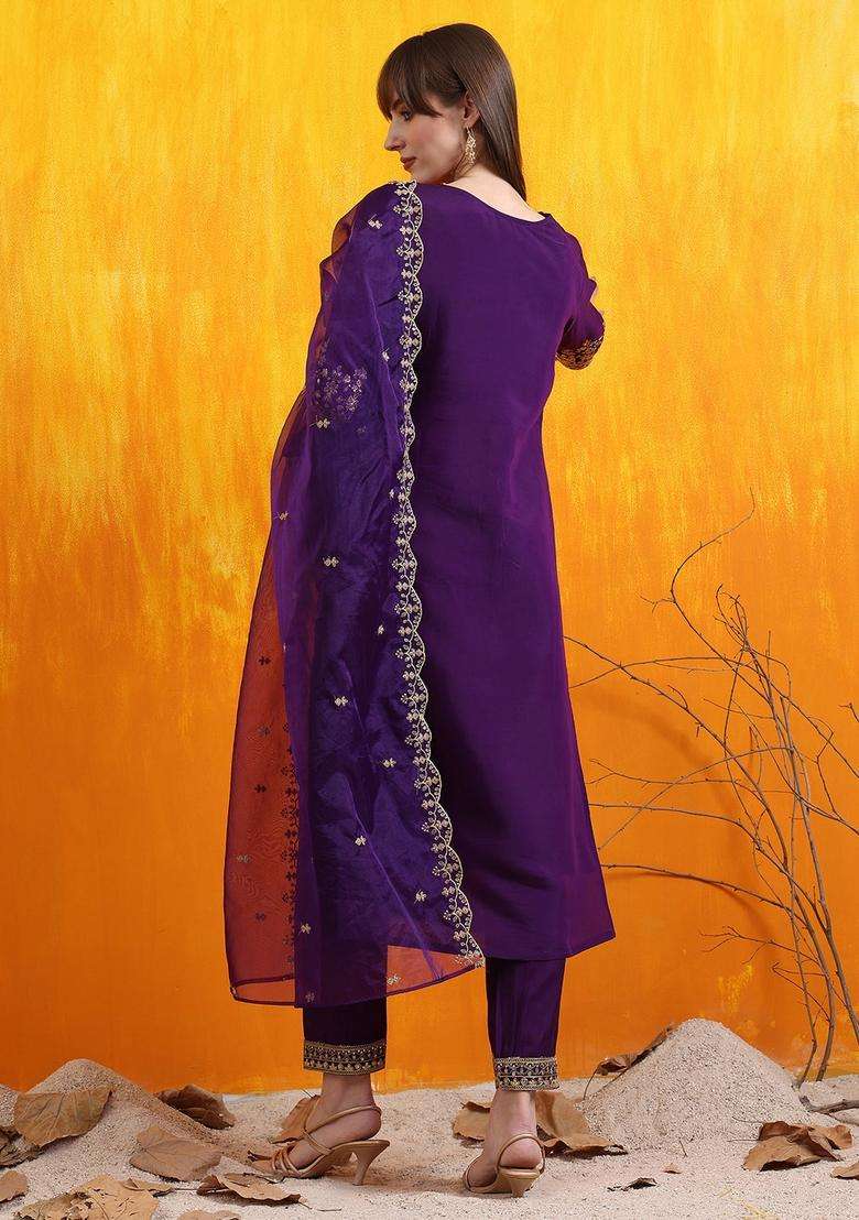 Purple Embroidered Chanderi Straight Kurta Set - Indya