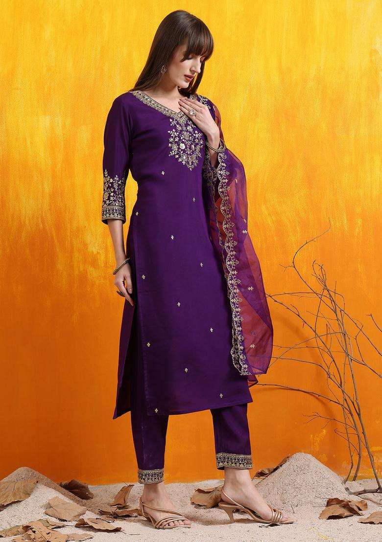 Purple Embroidered Chanderi Straight Kurta Set - Indya