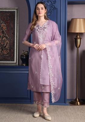 Lavender Embroidery Silk Kurta Set