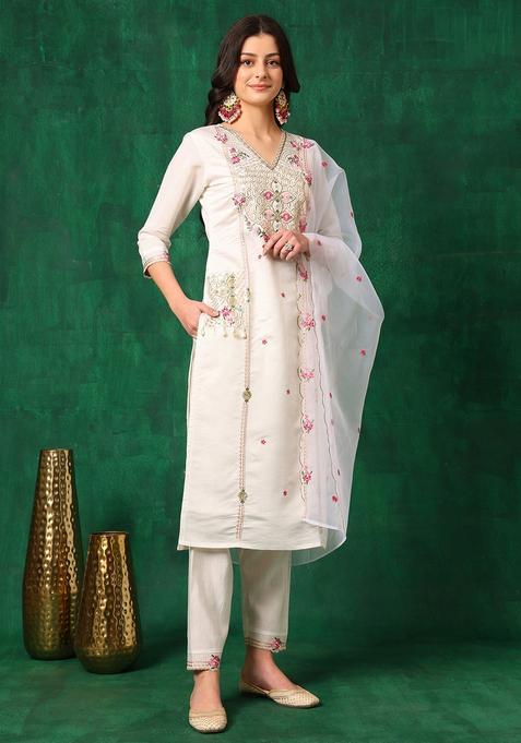 White Embroidery Chanderi Kurta Set