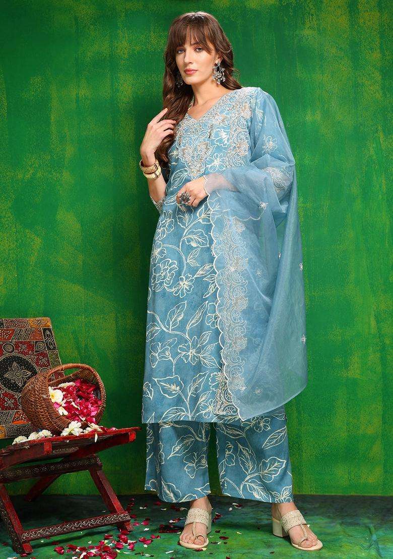 Aqua Blue Embroidered Rayon Straight Kurta Set - Indya