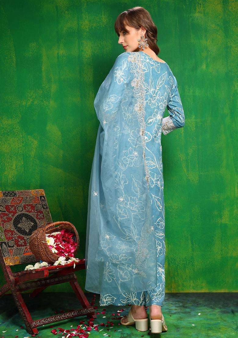 Aqua Blue Embroidered Rayon Straight Kurta Set - Indya
